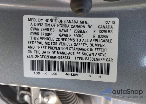 2019 Honda Civic Sport из США, поврежденный, VIN 2HGFC2F86KH518933